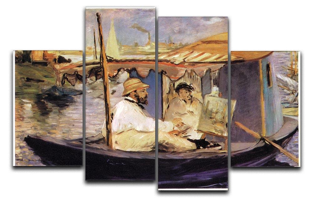 Claude Monet Dans Son Bateau Atelier 1874 artwork displayed as a 4-split panel, showcasing vibrant colors and intricate details.